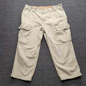 Duluth Trading Co Mens 40x28 Canvas Cargo Work Pants Relaxed Fit Tan Distressed